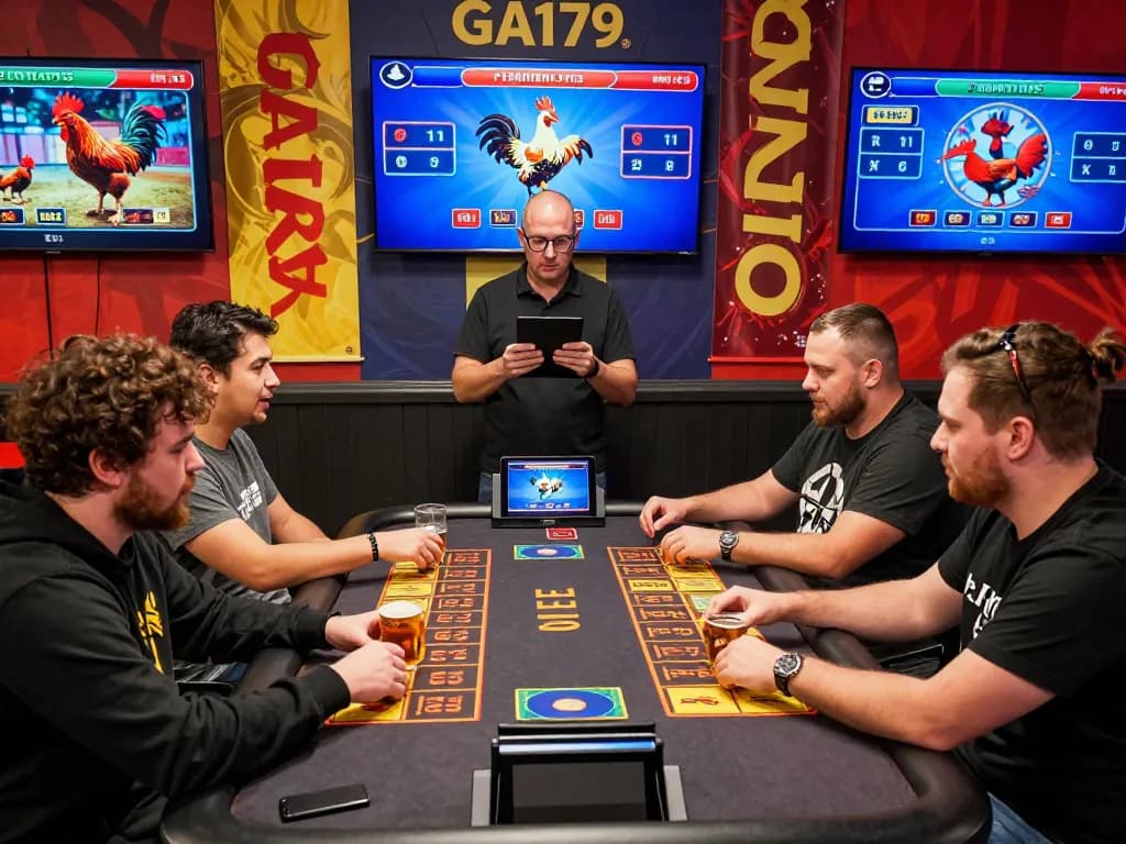 Players immersed in a live betting experience on GA179 during an exciting chicken fight, showcasing vibrant energy and interactive engagement.