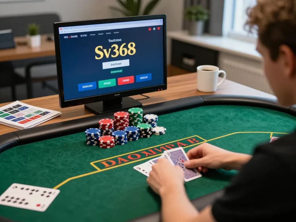 Engaging in a thrilling Sv368 poker game from a modern home office setup, showcasing focused gameplay.