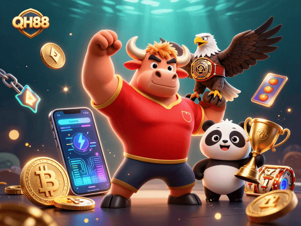 Bet on QH88 with a vibrant illustration showcasing winning characters and crypto elements in action.