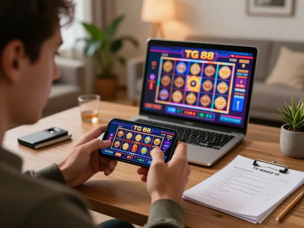 Player using the TG 88 casino app on a smartphone, showcasing a vibrant slot machine game interface