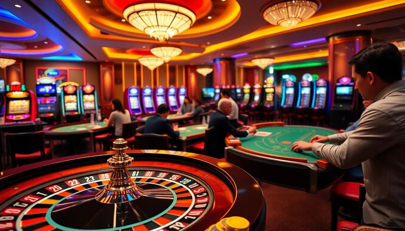 KJC Casino featuring vibrant roulette and poker tables, embodying excitement in gambling.