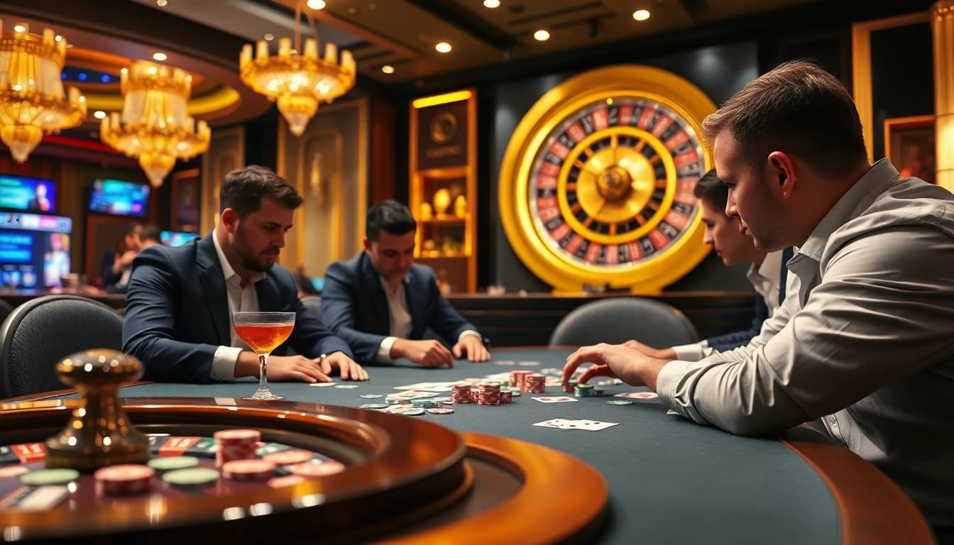 Players engaged in a thrilling game at a top nhà cái poker table, surrounded by vibrant casino elements.