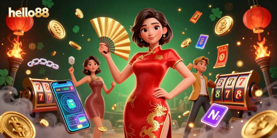 Experience wins at hello88 with vibrant casino games, floating coins, and a confident player.