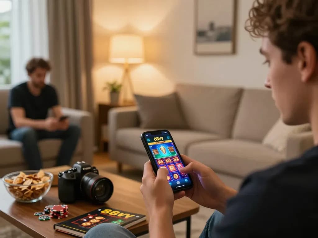 Player engaging with 88vv casino app for online gambling in a cozy home setting.