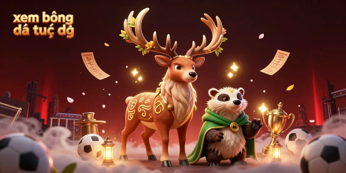 xem bóng đá trực tiếp with sports elements in an ultra-detailed 3D scene featuring a Celtic druid stag and a wise badger.