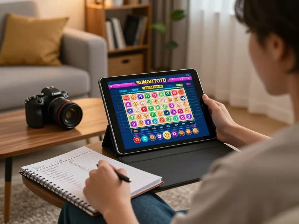 Engaging in online gambling on tablet with link sungaitoto in warm personal space.