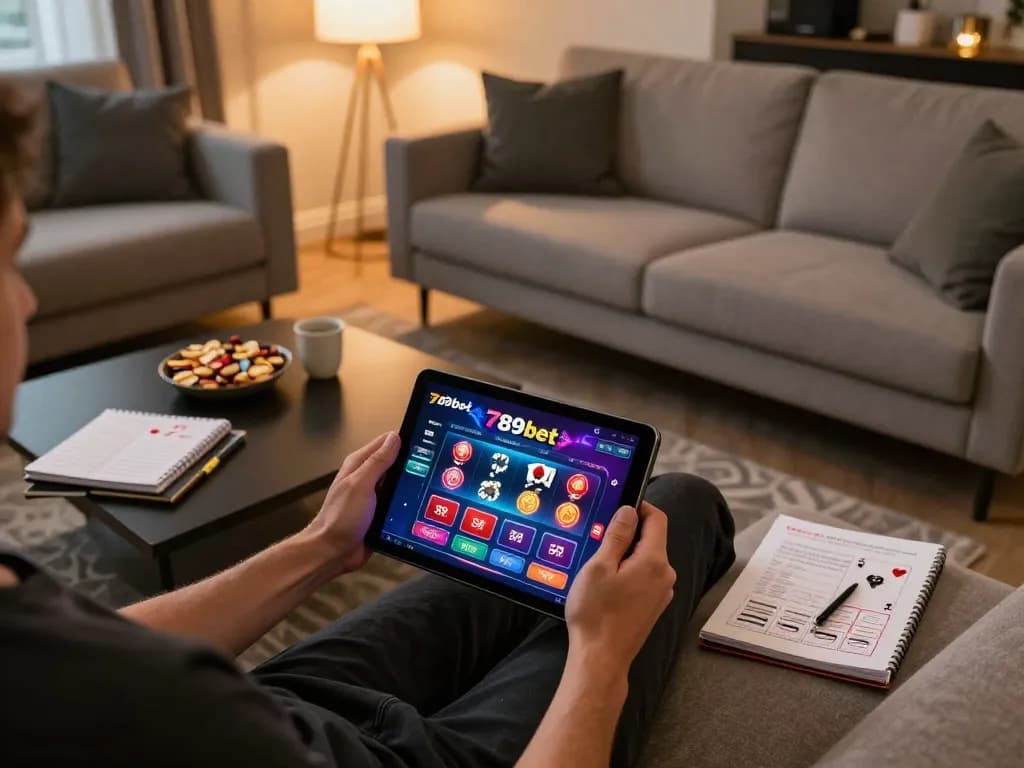 Engaging in online gaming with 789bet on a tablet in a cozy home setting.