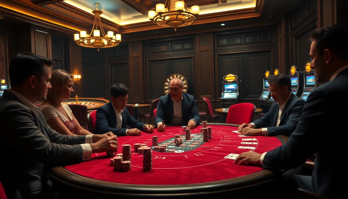 Players engage in a high-stakes poker game at a luxury casino, reminiscent of the hidden wiki.