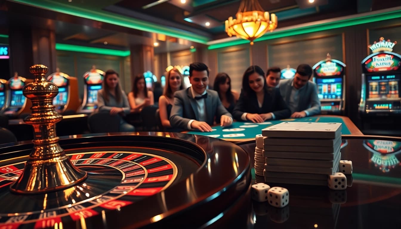 Experience the thrill of tg88 vom with players engaged in professional casino games amid vibrant roulette tables and glowing slot machines.