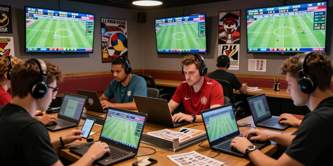 Gamblers analyzing tỷ lệ kèo in a lively betting lounge with live sports data screens.