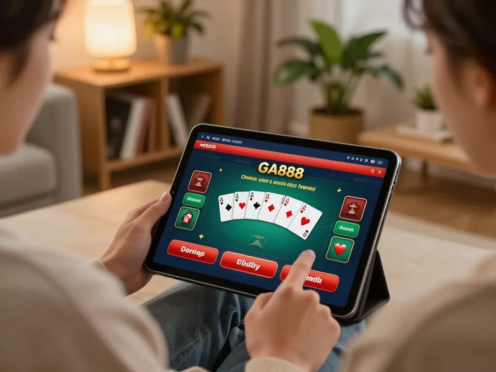 Engaging in GA888 online gaming on a tablet in a cozy home setting.