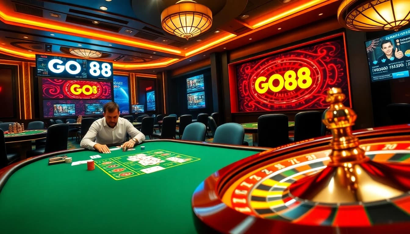 Experience the thrill of gaming at GO88 casino, featuring exciting poker tables and vibrant roulette wheels.