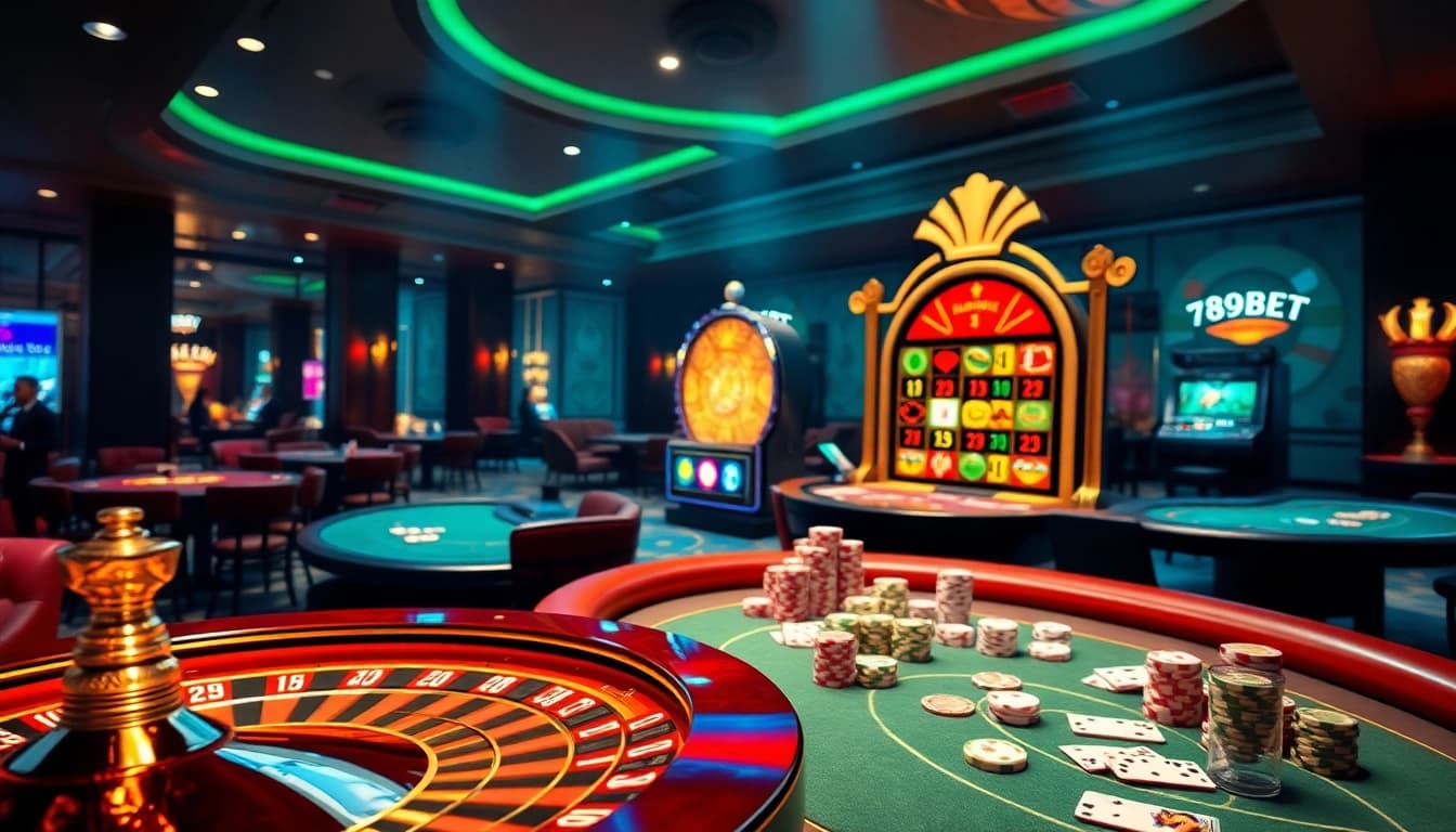 Exciting casino atmosphere showcasing nhà cái 789bet with roulette and poker tables.
