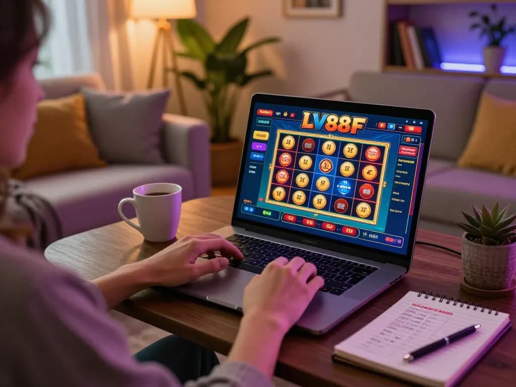 Enjoying online gaming at home with LV88F casino app displaying vibrant slots.