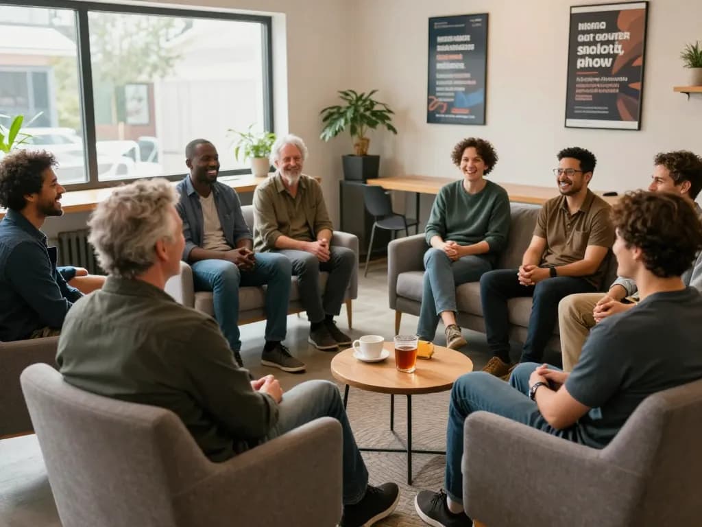 ManClub community gathering promoting mental health support among men in a warm, inviting environment.
