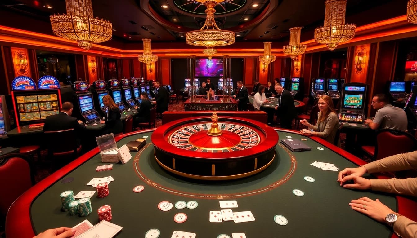 SODO Casino's vibrant gaming scene with poker tables, roulette wheels, and slot machines.