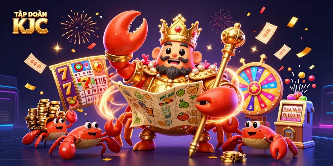 TẬP ĐOÀN KJC celebrates winning with a golden crab emperor and vibrant slot game elements