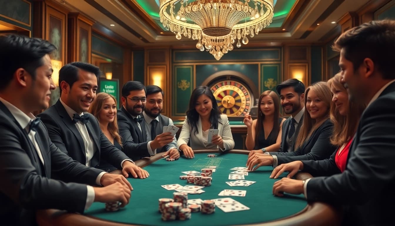 Join the excitement of LC88 Vip at a luxurious casino poker table with players and high-stakes action.