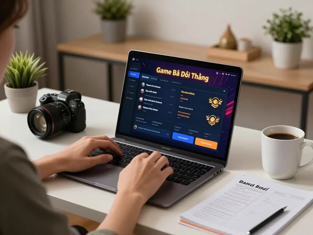 Experience the thrill of Game Bài Đổi Thưởng while engaging in strategic online gameplay from a cozy home office.