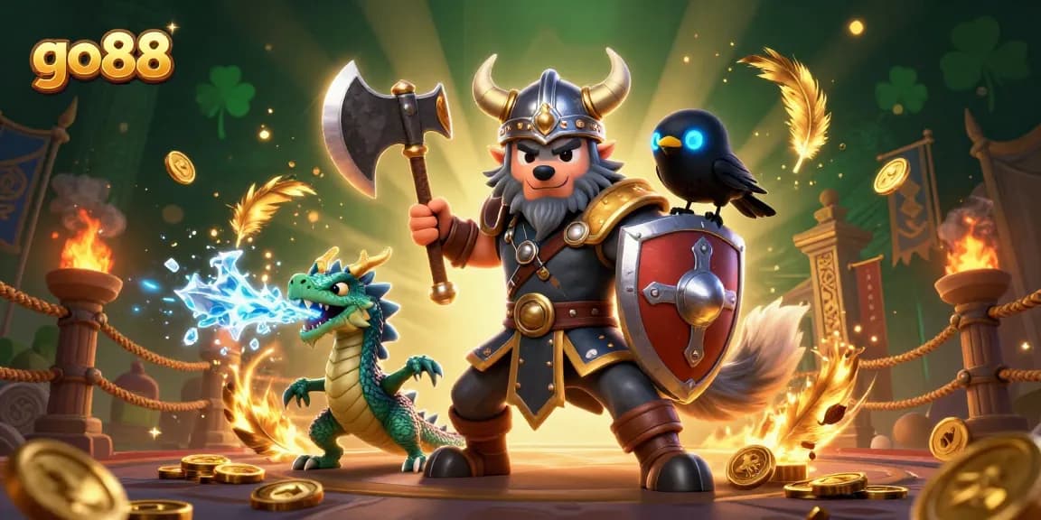 Bet on go88 and join a thrilling adventure with a Viking wolf warrior, dragon, and raven amidst rich casino elements.