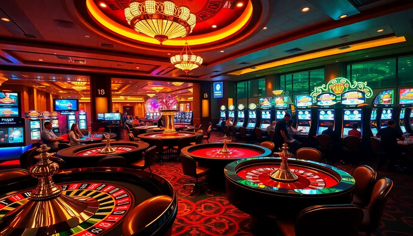 Action-packed gaming scene showcasing players at https://xx88.promo/ casino tables and slot machines.