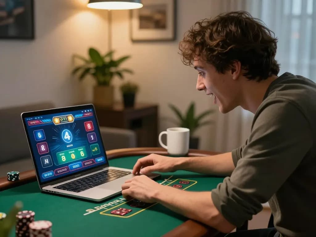 Player enjoying online blackjack on a laptop, enhancing their sunwin gaming experience with strategic moves.