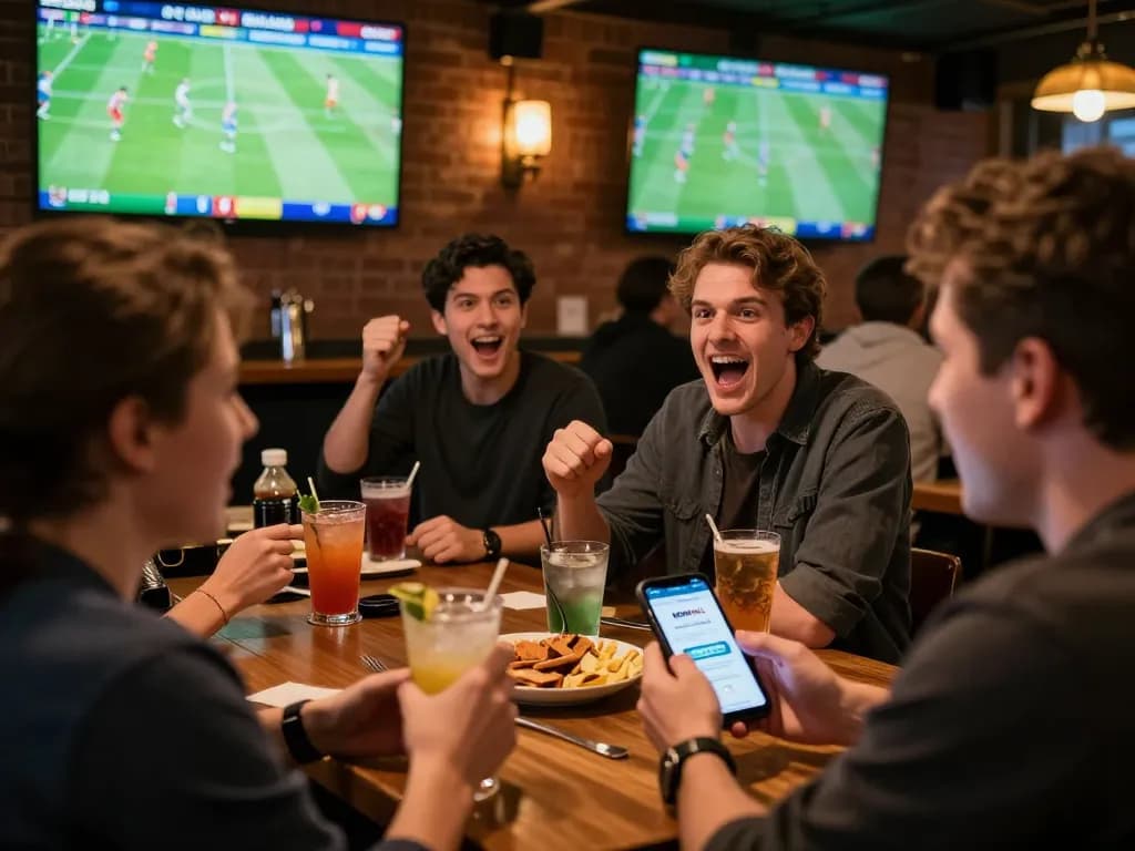 Friends cheering for their favorite teams using NOWGOAL app for sports betting at a lively bar.