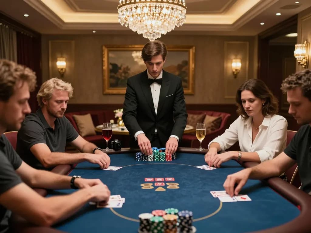 SOC88 VIP poker room scene with players engaged in high-stakes gameplay and dealer managing cards.