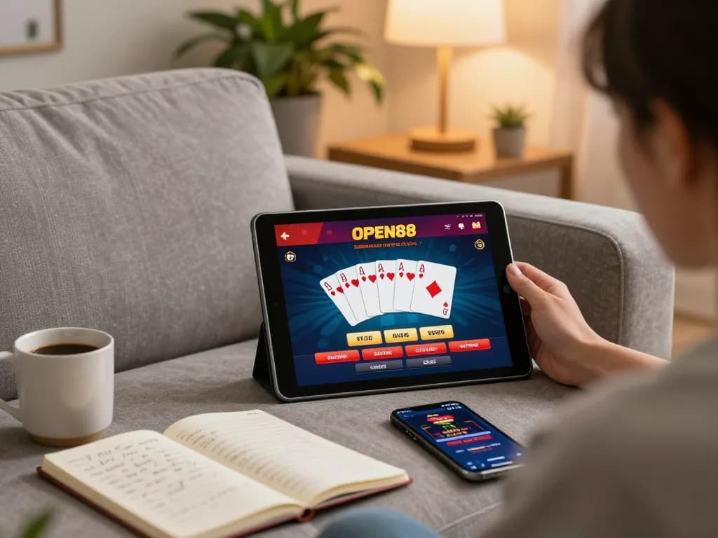 Engaging gaming scene at OPEN88 online casino, showcasing a player enjoying poker on a tablet.