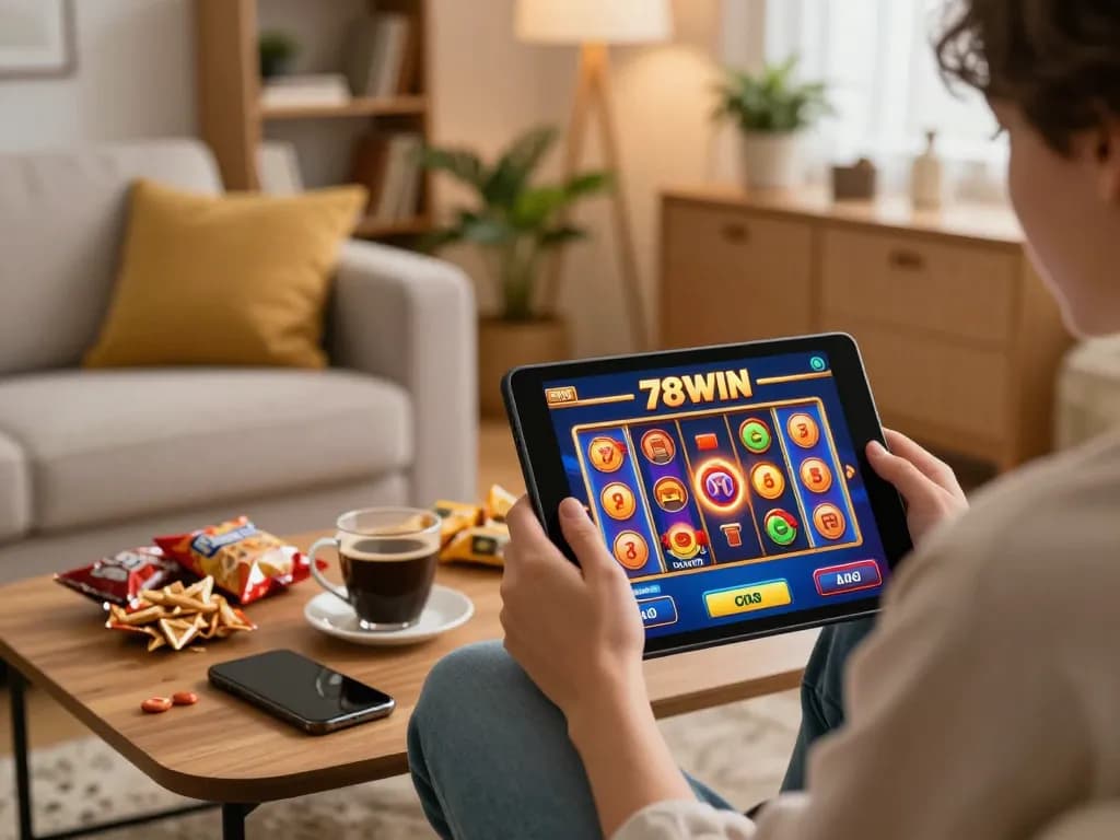 Engaging in thrilling 78WIN online slots on a tablet in a cozy living room