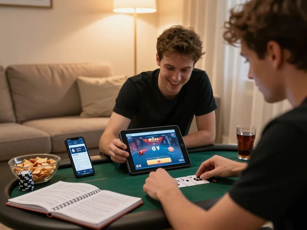 Player enjoying online poker on the 8day app in a cozy living room, with snacks and strategy notes.