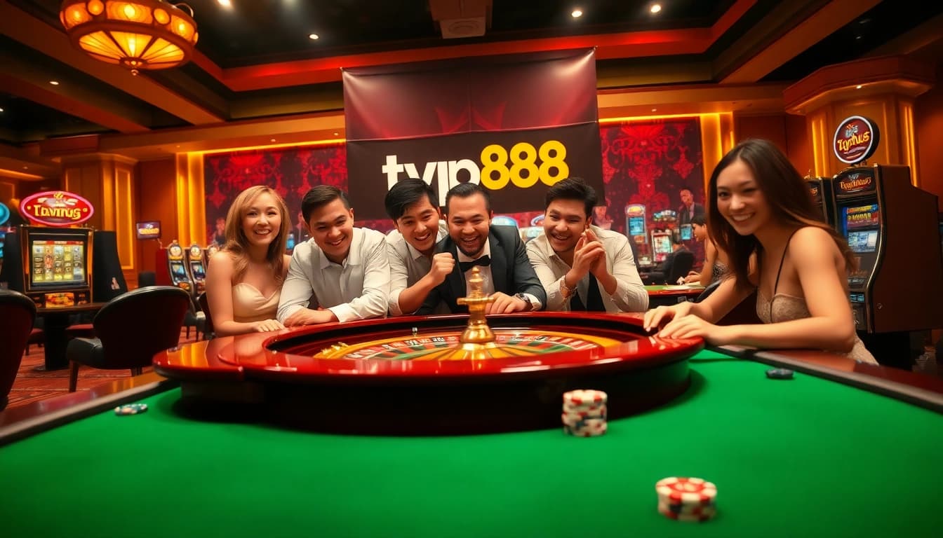 Players enjoying a thrilling game at typhu88 casino with poker chips and roulette.