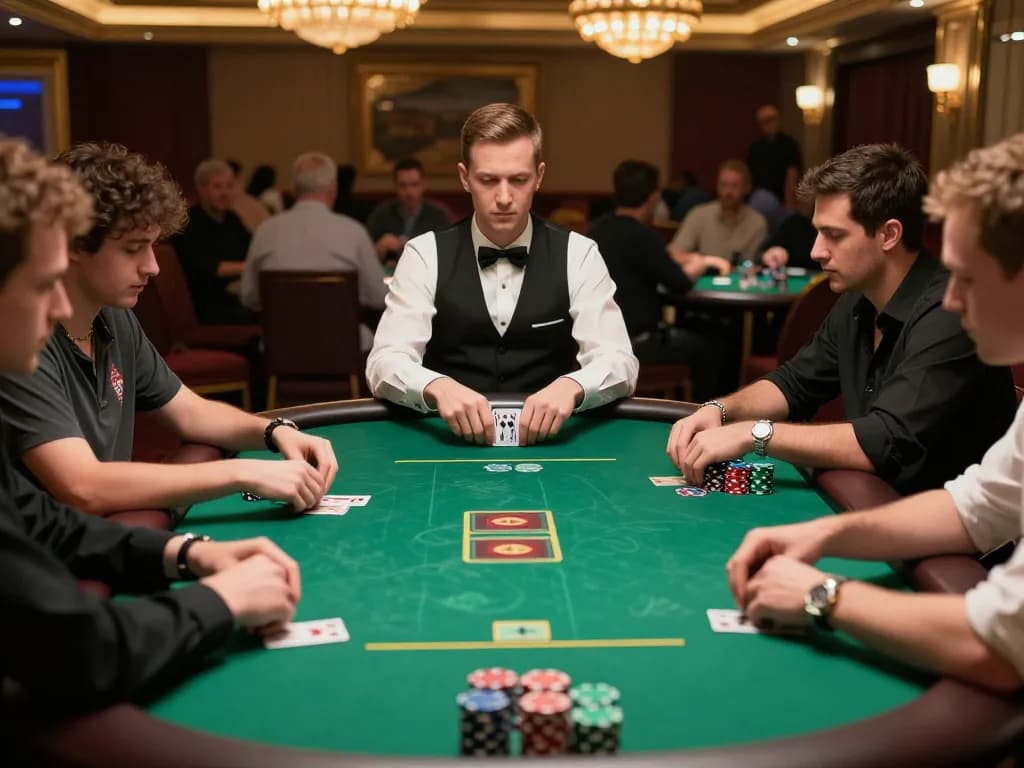 Players strategically betting at Nhà cái BJ88's poker table in a luxurious casino setting