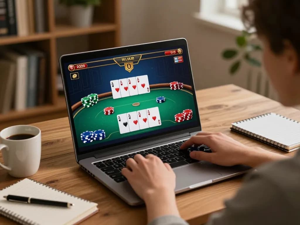 Player using 888NEW platform on laptop during a cozy home poker game, focusing on strategy and gameplay.