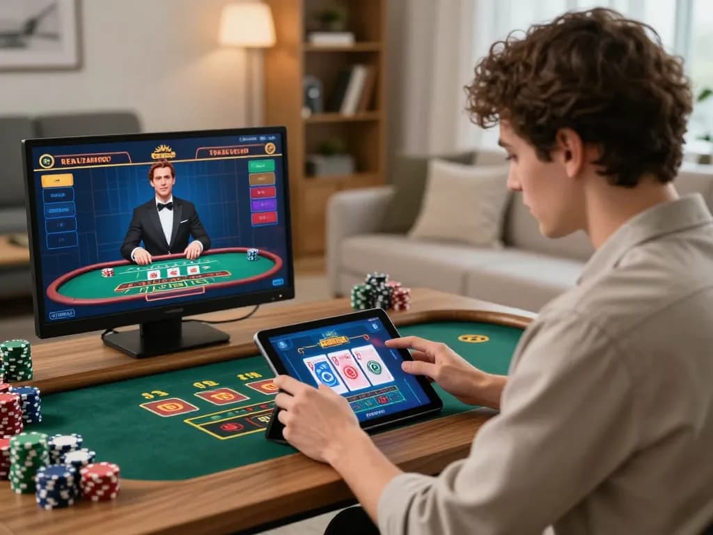 Sunwin online casino player engaged in live gameplay on a tablet, showcasing modern gaming atmosphere.