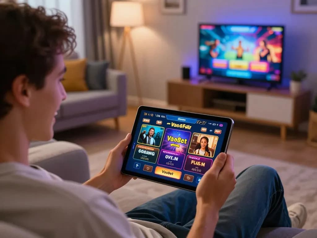 Engaged player enjoying VaoBet online gaming on a tablet in a cozy home environment.
