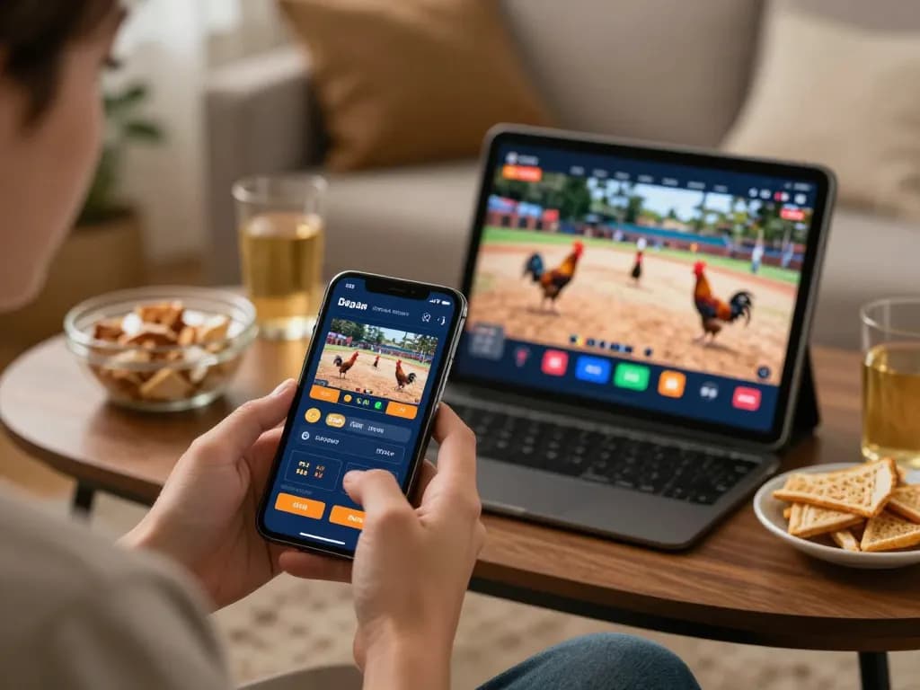 Daga players engaging in live betting through mobile apps during a cockfight match, illustrating a cozy home setup.