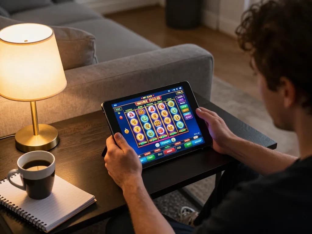 Player enjoying nổ hũ on a tablet from a cozy home setup, highlighting online gambling strategy.