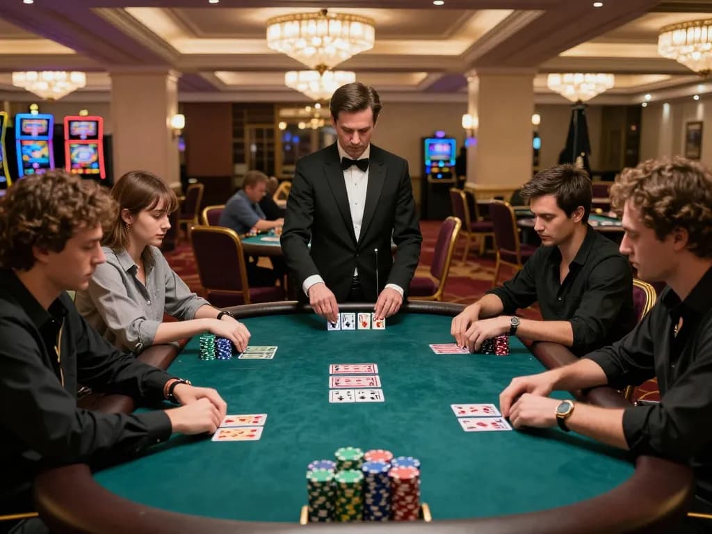 Players engaging in a high-stakes poker game at the B52 table in a luxurious casino setting.