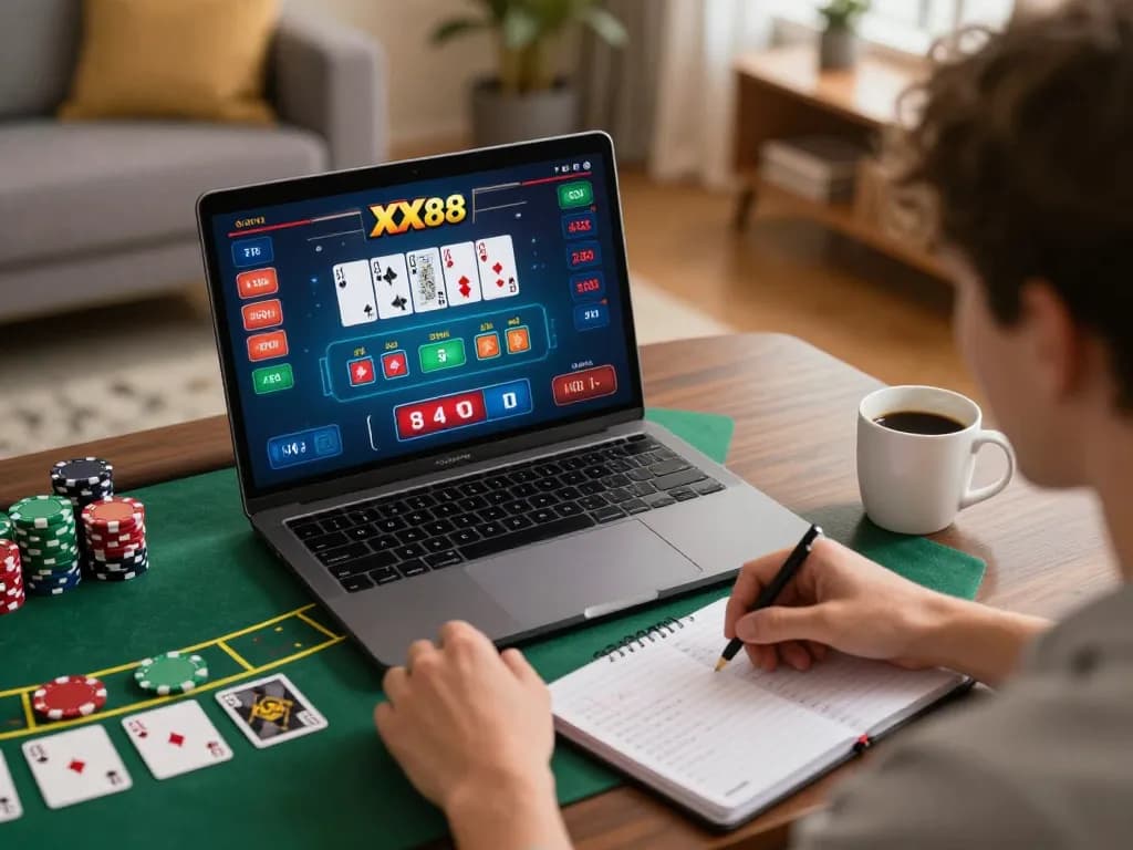 Player enjoying online blackjack at home with engaging interface showcasing XX88