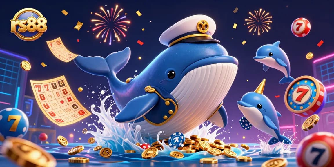 Experience thrilling moments at rs88 with a 3D whale, dolphins, and vibrant casino elements.