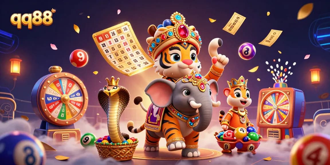 Win big with qq88 in a vibrant 3D casino illustration showcasing lively lottery and gambling elements.