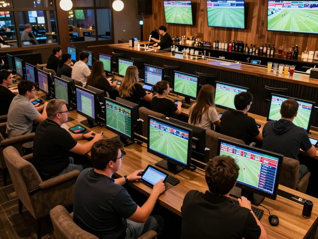 Bsport patrons engaging in dynamic sports betting conversations and placing live wagers in a vibrant lounge setting.