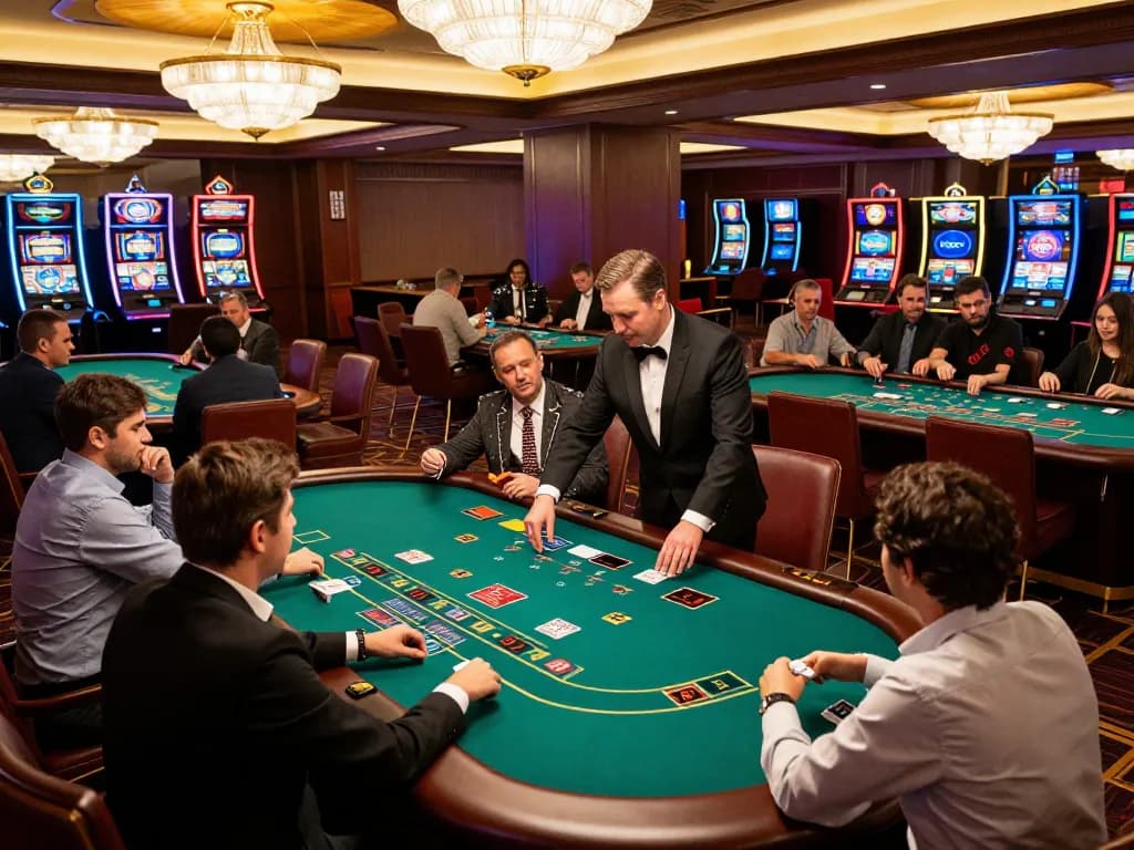 Experience the thrill of Top nhà cái uy tín with players engaging at blackjack tables in a luxurious casino setting.