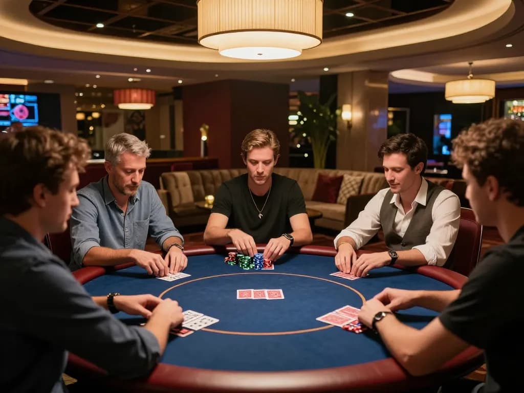 VIPWIN players engaging in an exciting poker game, showcasing their skills and expressions in a luxurious casino environment.