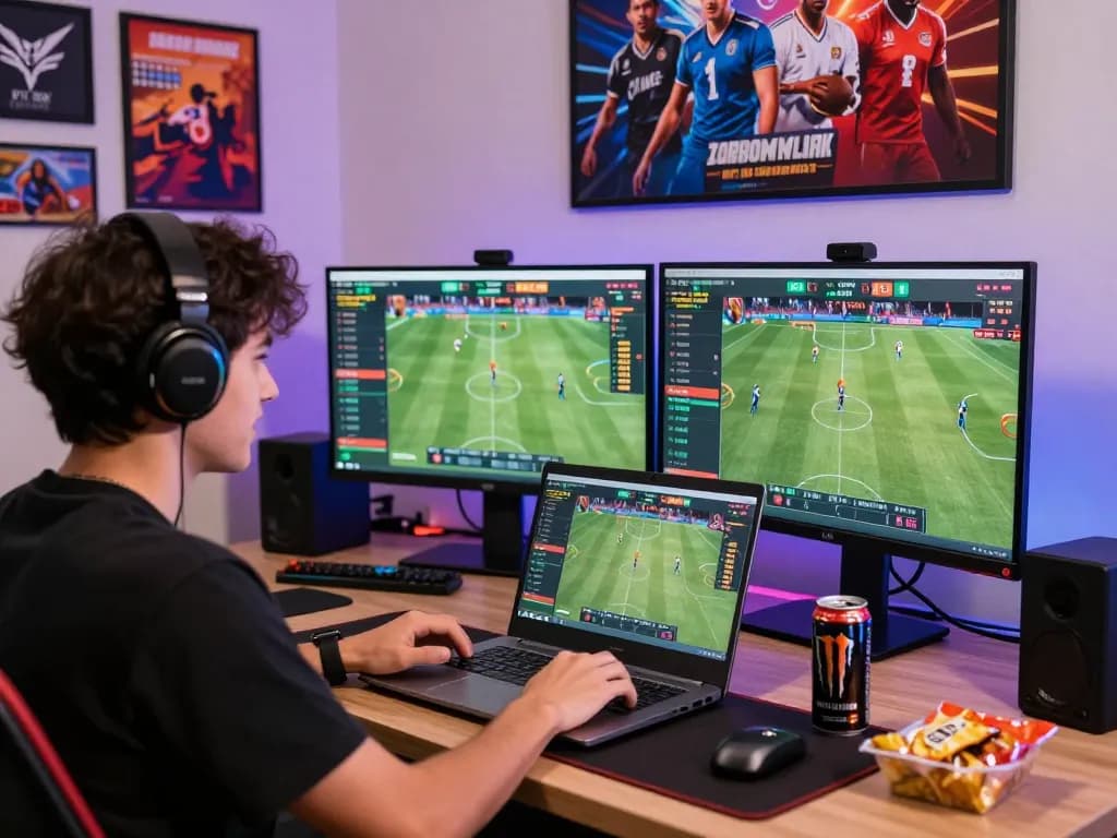 Engaged player enjoying VAOBET online gaming with multiple screens showing live sports betting odds.