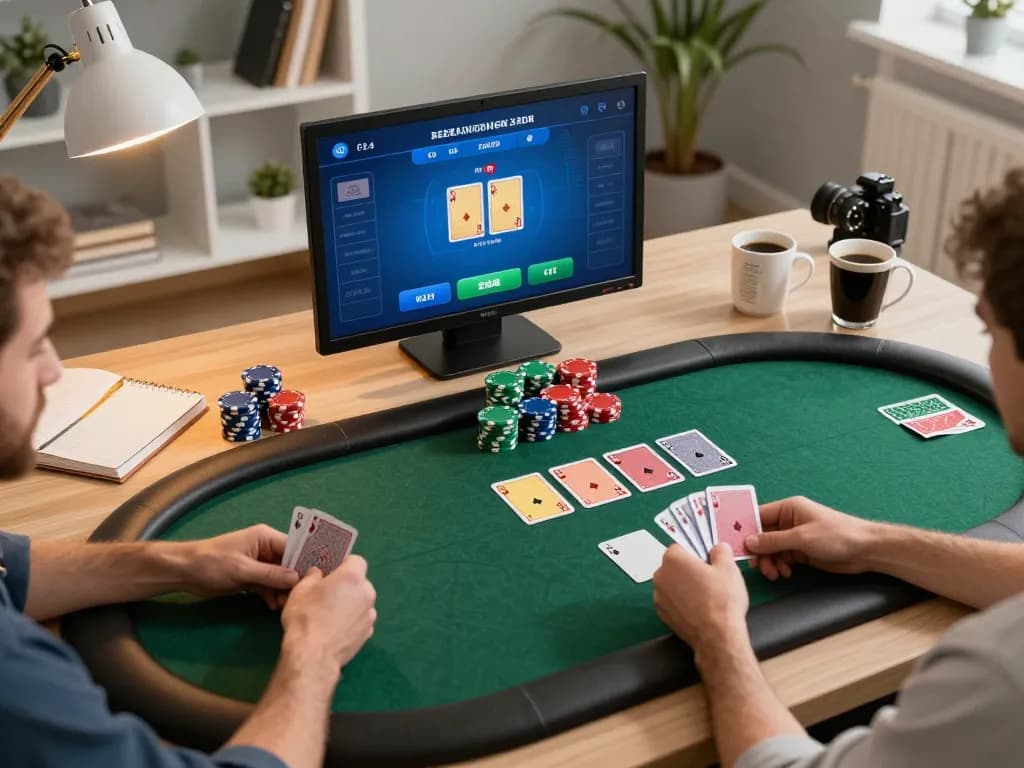 Players engaging in strategic online poker gameplay with kp88 in a cozy home setting, showcasing cards and chips.