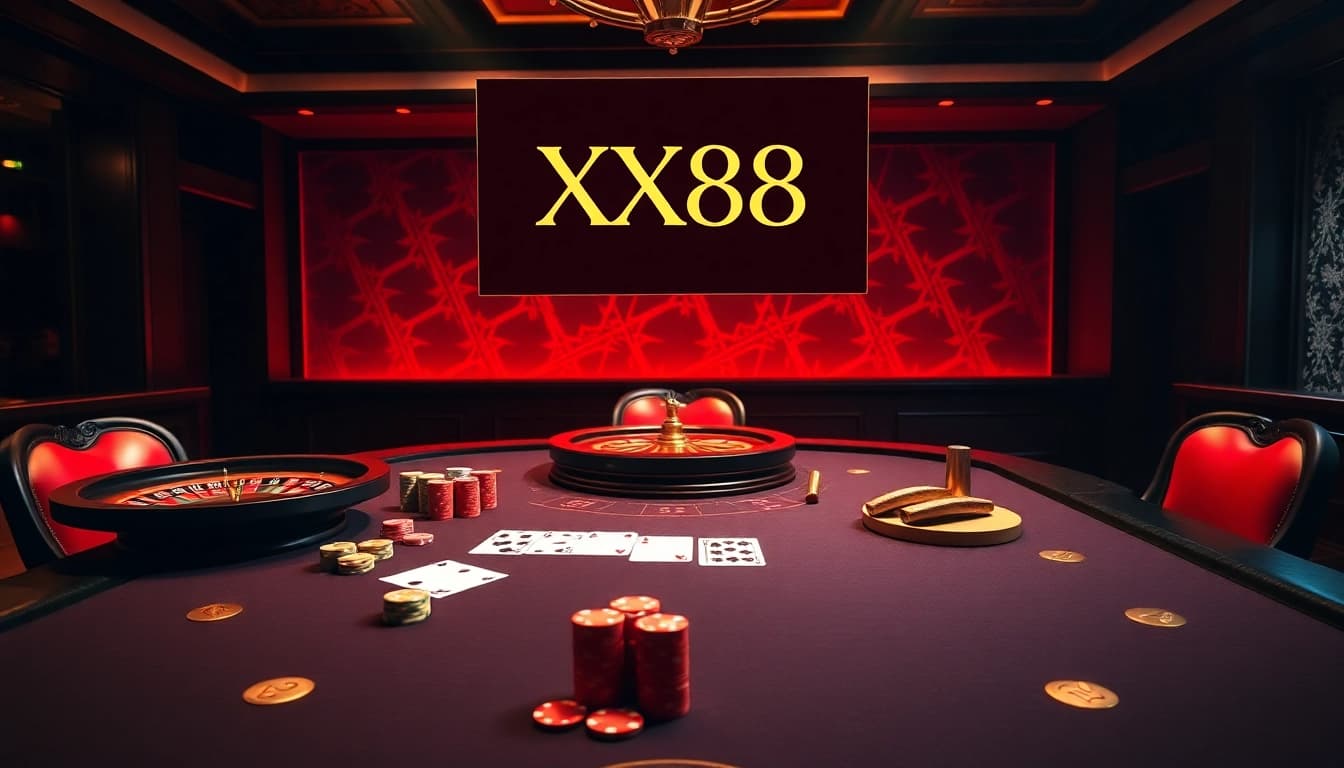 Experience thrilling gameplay at XX88 with an upscale casino atmosphere featuring poker and roulette.