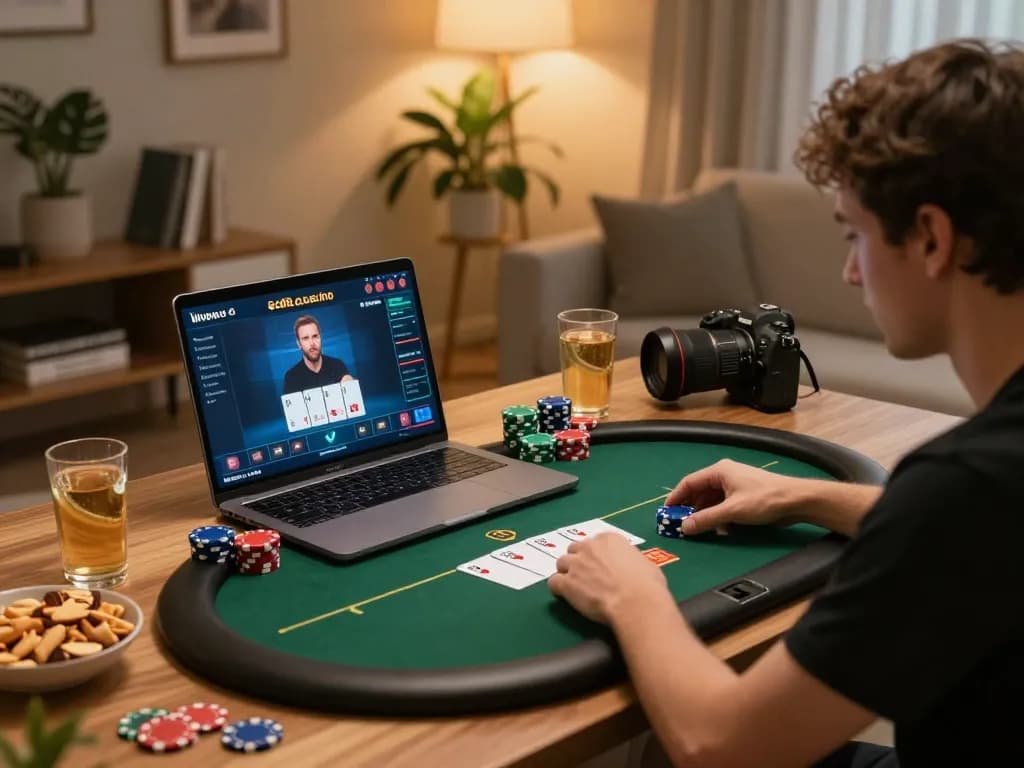 Engaged player enjoying online poker at https://sc88.casino/, surrounded by snacks and ambient lighting.