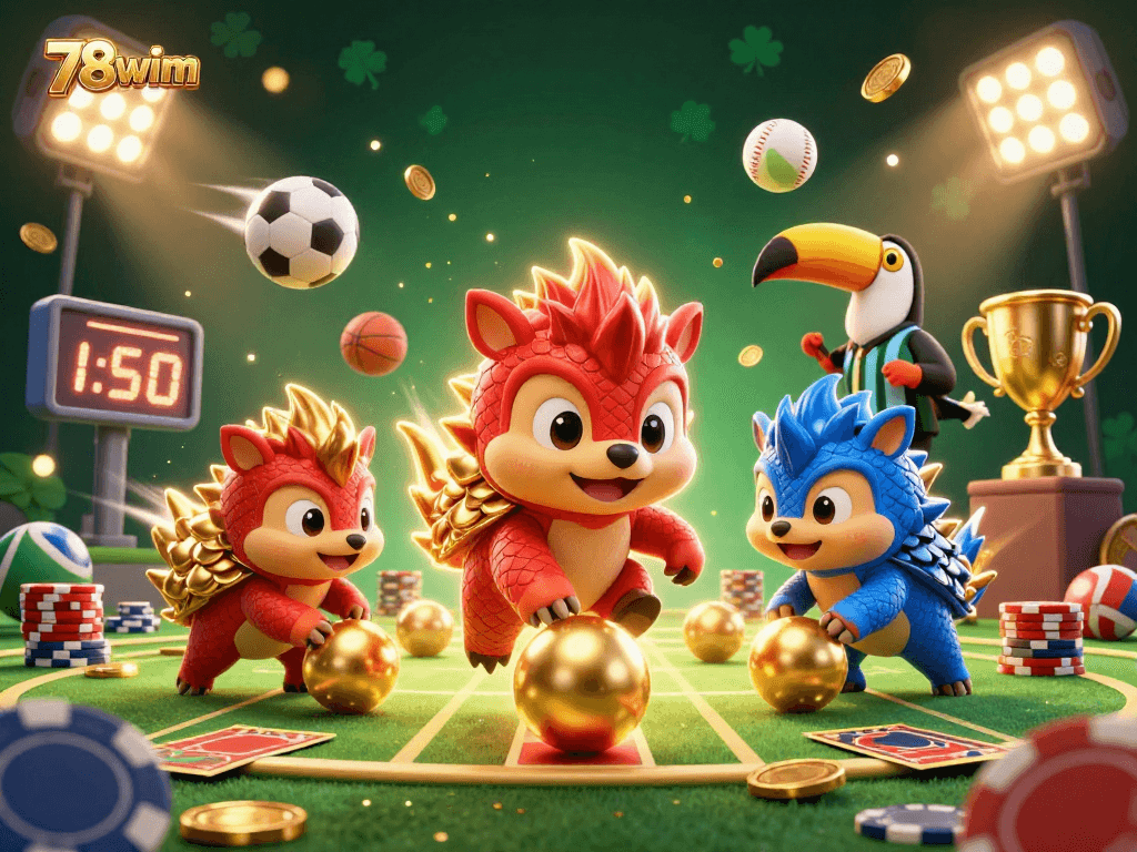 Engage with 78wim as rival pangolins roll into golden balls, navigating poker chips in a vibrant 3D casino.